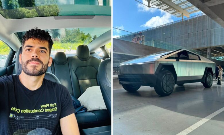 Engenheiro Aurélio Rosa ao lado de seu Tesla Cybertruck em uma estrada rural de Goiás.