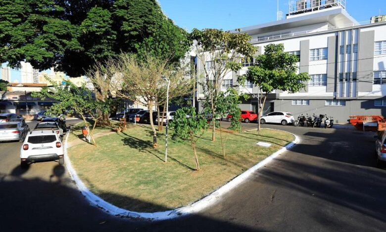 Praça urbana em Goiânia com árvores e bancos.
