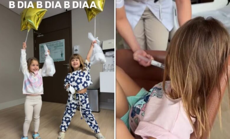 As filhas de Virginia Fonseca e Zé Felipe, Maria Alice e Maria Flor, comemorando alta hospitalar com balões.