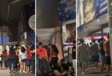 Multidão em fila para assistir ao filme do Homem-Aranha em Caldas Novas.
