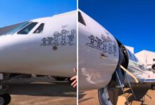 Zé Felipe e Virginia Fonseca ao lado do avião com adesivo da família.