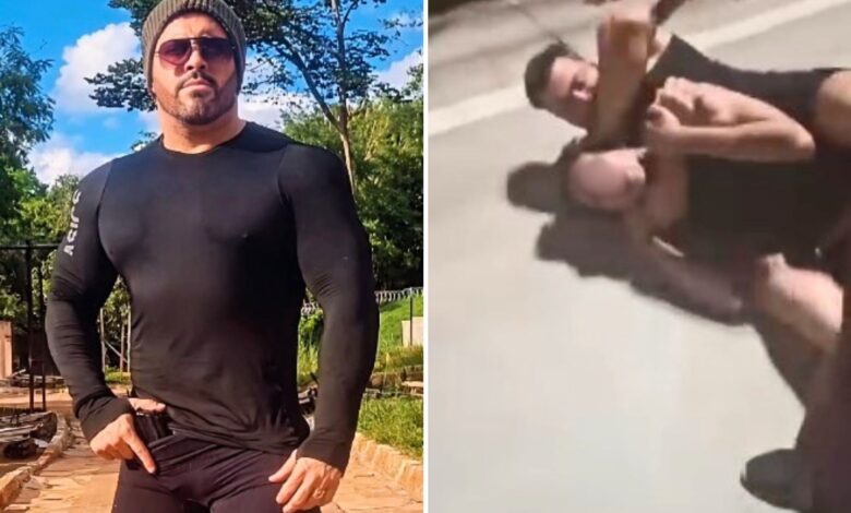 Imagem de Rafael Gomes Pereira aplicando golpe de estrangulamento em adolescente.