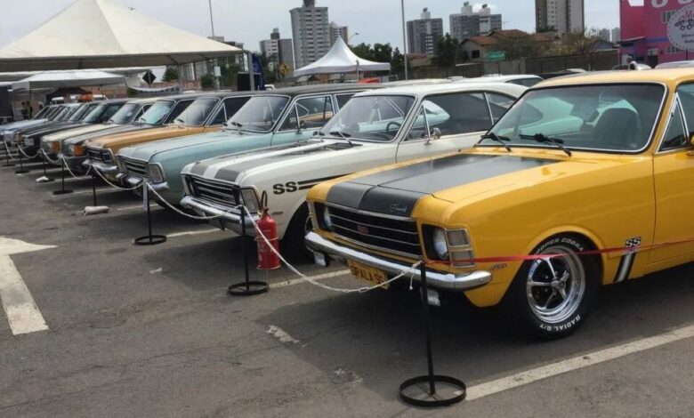 Diversos carros antigos expostos na Praça Cívica em Goiânia.