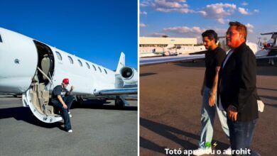 Zé Felipe e Leonardo em frente ao jato Cessna Citation Sovereign.