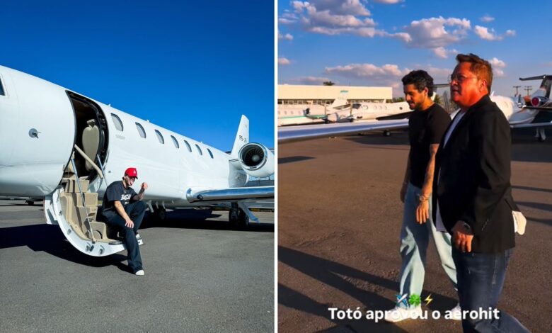 Zé Felipe e Leonardo em frente ao jato Cessna Citation Sovereign.