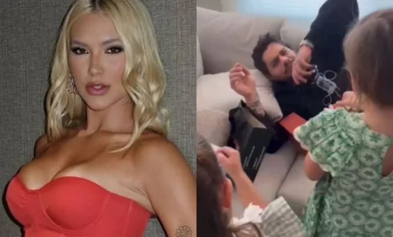 Virginia Fonseca com Zé Felipe e os filhos entregando presentes no Dia dos Pais.