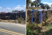 Imagem do ônibus capotado na rodovia GO-110 em Luziânia.