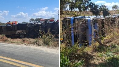 Imagem do ônibus capotado na rodovia GO-110 em Luziânia.