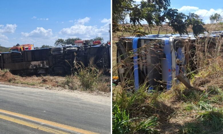 Imagem do ônibus capotado na rodovia GO-110 em Luziânia.