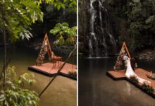 Cerimônia de casamento realizada em uma cachoeira cercada por natureza em Goiás.