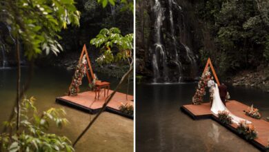 Cerimônia de casamento realizada em uma cachoeira cercada por natureza em Goiás.
