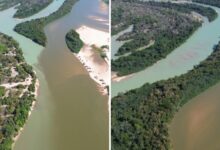 Encontro das águas dos rios Araguaia e Cristalino, com contraste visível entre as correntes.