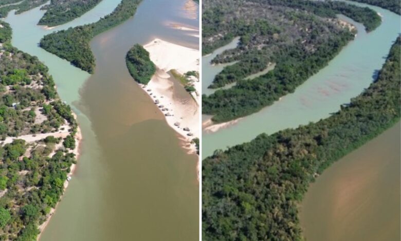 Encontro das águas dos rios Araguaia e Cristalino, com contraste visível entre as correntes.