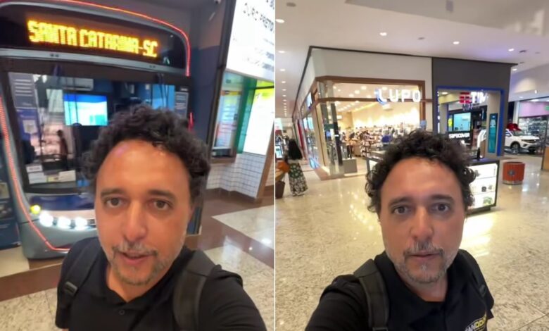 Dado Villeneuve na rodoviária de Goiânia, mostrando a integração com o shopping.
