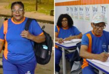Filha de 51 anos e pais de 74 e 69 anos estudando juntos em sala de aula em Goiânia.