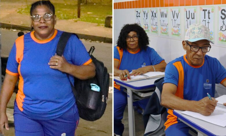 Filha de 51 anos e pais de 74 e 69 anos estudando juntos em sala de aula em Goiânia.