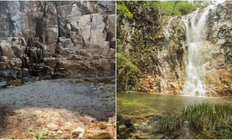 Vista da Cachoeira dos Dragões em Pirenópolis, seca.