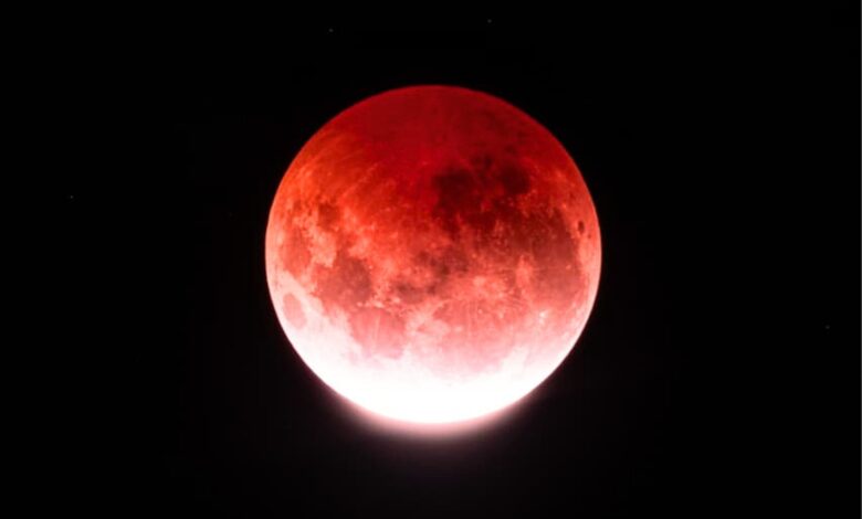 Imagem da Lua de Sangue durante o eclipse lunar em Goiás, capturada por um astrofotógrafo.