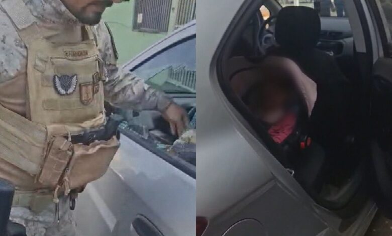 Policiais penais resgatam bebê de carro em Trindade quebrando vidro.