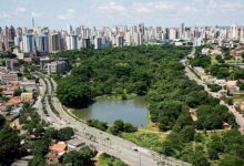 Vista aérea de Goiânia com destaque para áreas verdes e prédios.