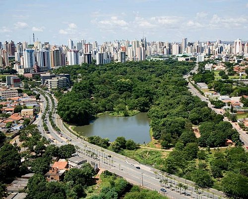 Vista aérea de Goiânia com destaque para áreas verdes e prédios.