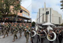Desfile cívico-militar na Avenida Tocantins, Goiânia, com participação de forças de segurança e escolas.