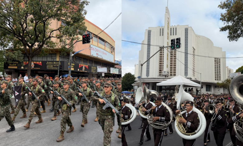 Desfile cívico-militar na Avenida Tocantins, Goiânia, com participação de forças de segurança e escolas.