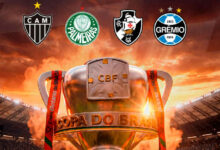 Imagem de jogadores de futebol em campo durante partida da Copa do Brasil.