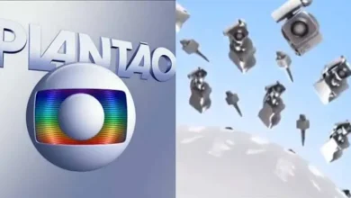 Vinheta do Plantão da Globo na tela de uma televisão.