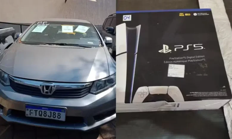 Imagem de produtos eletrônicos e veículos em um leilão.