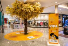 Árvore da Vida no Araguaia Shopping com mensagens de esperança e incentivo.