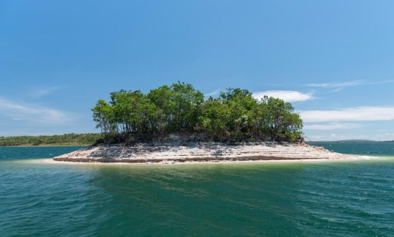 Imagem aérea da Ilha do Amor em Goiás, mostrando águas cristalinas e vegetação ao redor.