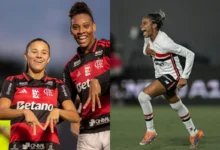 Jogadoras de São Paulo e Flamengo em ação durante partida de futebol.