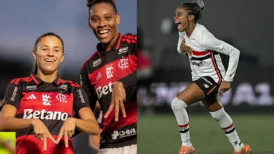 Jogadoras de São Paulo e Flamengo em ação durante partida de futebol.