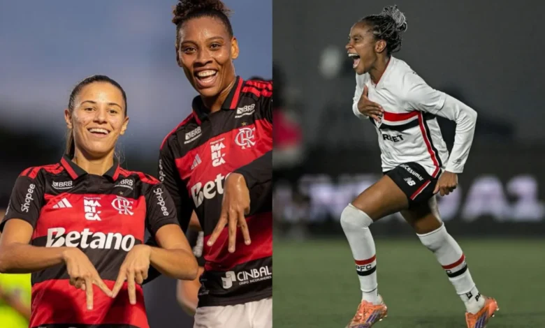 Jogadoras de São Paulo e Flamengo em ação durante partida de futebol.