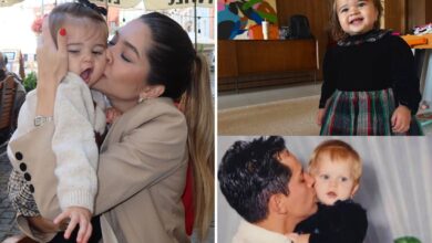 Montagem de fotos de Lyandra Costa e sua filha usando o mesmo vestido, com 30 anos de diferença.
