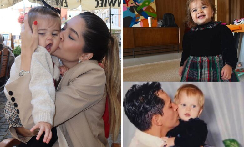 Montagem de fotos de Lyandra Costa e sua filha usando o mesmo vestido, com 30 anos de diferença.