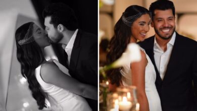 Murilo Huff e Gabriela Versiani em jantar de noivado com decoração de flores brancas.