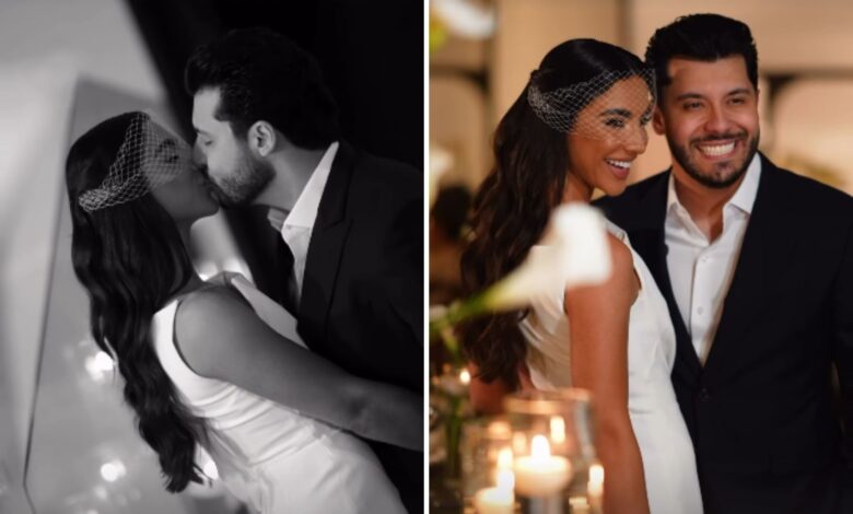 Murilo Huff e Gabriela Versiani em jantar de noivado com decoração de flores brancas.
