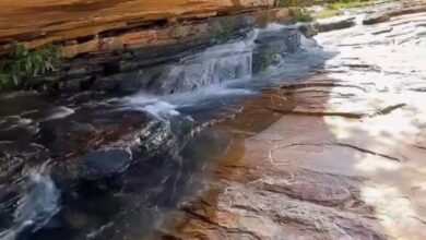 Vista da cachoeira do Paredão de Buriti Alegre com quedas d'água de 30 metros.