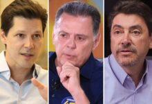 Daniel Vilela, Marconi Perillo e Wilder Morais durante eventos de campanha em Goiás.