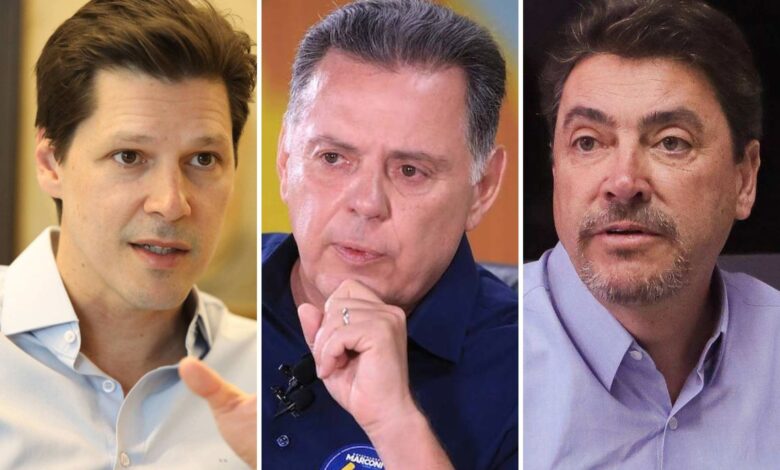 Daniel Vilela, Marconi Perillo e Wilder Morais durante eventos de campanha em Goiás.