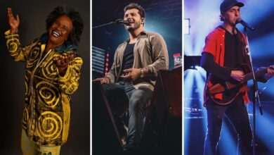 Artistas Sandra de Sá, Murilo Huff e Zeca Baleiro em apresentações durante o Festival Viva Goiânia.