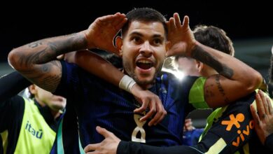 Jogadores da Seleção Brasileira comemoram vitória em campo.