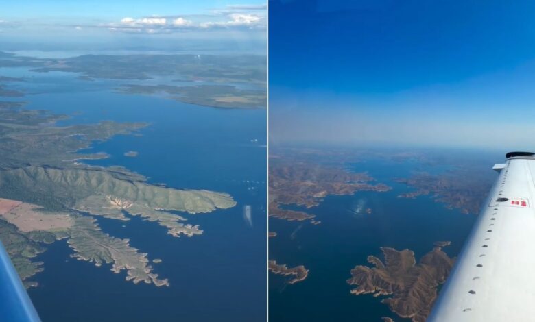 Vista aérea do Lago Serra da Mesa em Goiás, destacando sua grandiosidade e beleza natural.