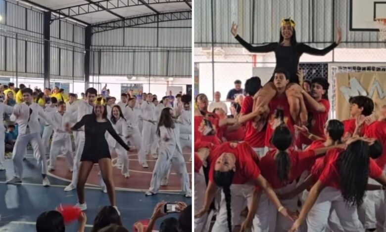 Estudantes em apresentação de dança em homenagem a Marília Mendonça.