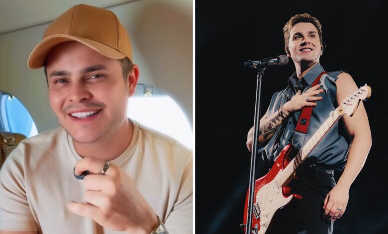 Matheus e Luan Santana em apresentação musical.