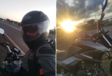Servidor público em sua motocicleta, percorrendo estrada em Goiás.
