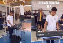 Estudante dança pisadinha em evento escolar em Goiás.