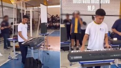 Estudante dança pisadinha em evento escolar em Goiás.